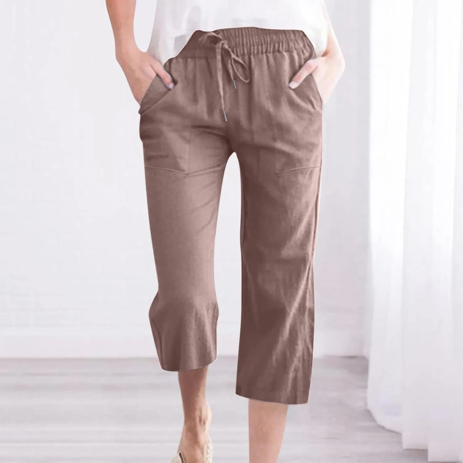 Linen Capri Pants for Women Casual 2024 Summer Drawstring Elastic High Waist Pant Wide Leg Cropped Trouser with Pockets