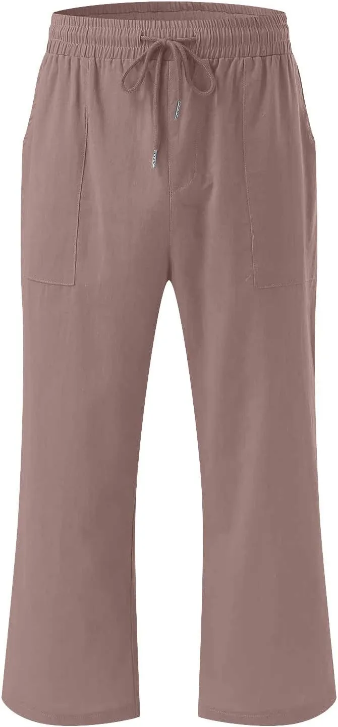 Linen Capri Pants for Women Casual 2024 Summer Drawstring Elastic High Waist Pant Wide Leg Cropped Trouser with Pockets