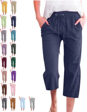 Linen Capri Pants for Women Cotton Casual,Drawstring High Waist Pants Wide Leg Cropped Trousers