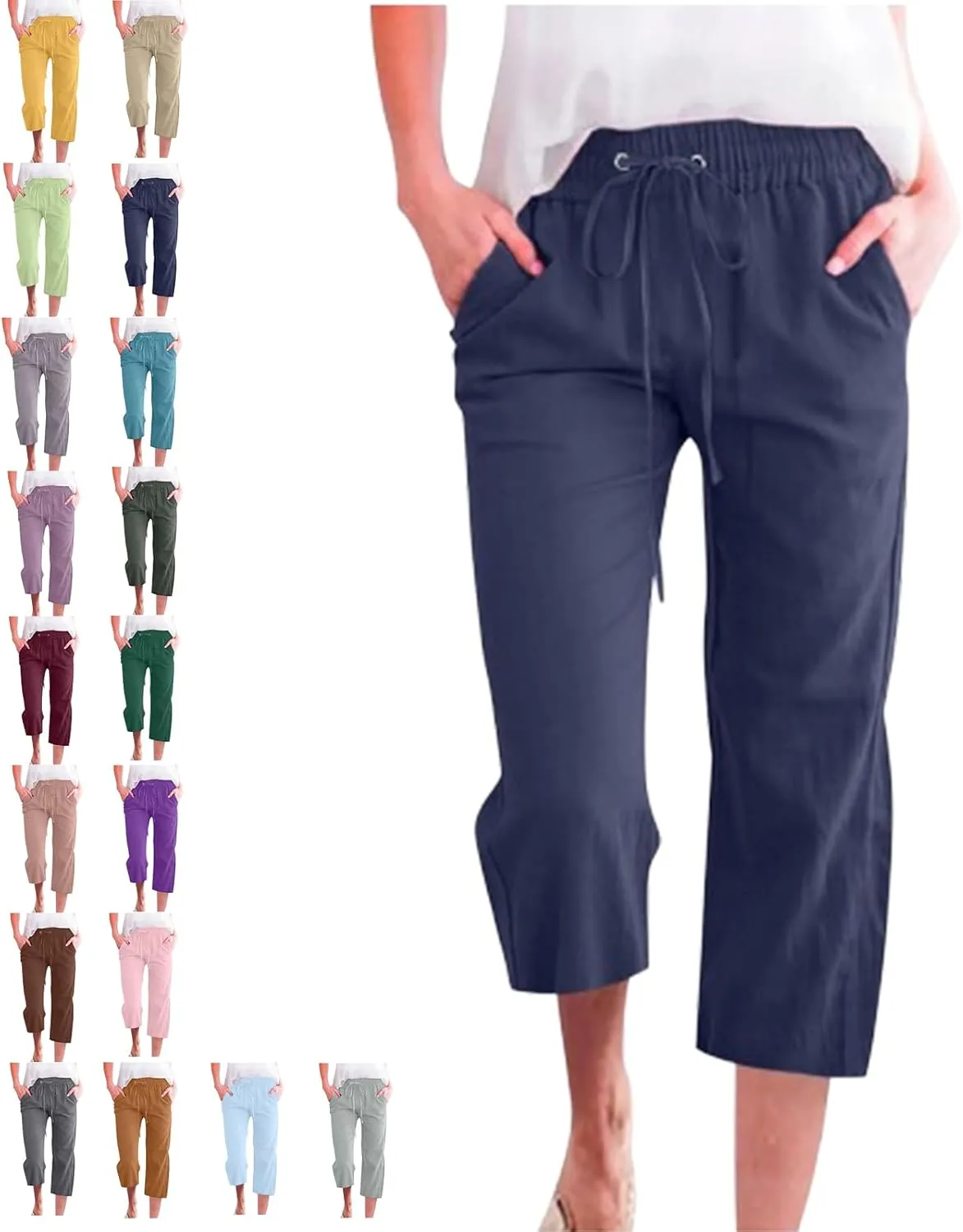 Linen Capri Pants for Women Cotton Casual,Drawstring High Waist Pants Wide Leg Cropped Trousers