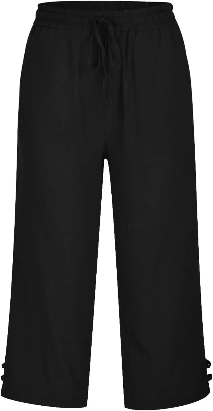 Linen Capri Pants Women Summer 2025 Drawstring High Waist Lounge Pant Wide Leg Beach Resort Wear Cropped Trousers