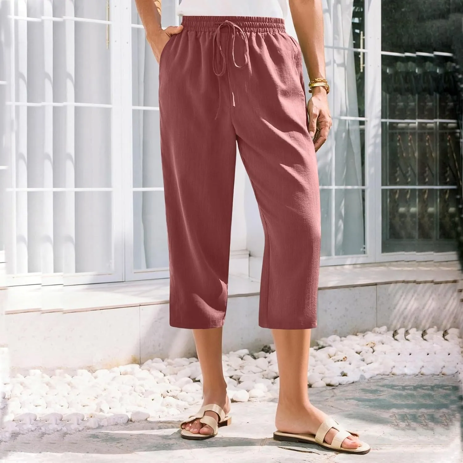 Linen Capris for Women Casual Summer Elastic Waist Wide Leg Cropped Pants Comfy Cotton Linen Capri Pants with Pockets