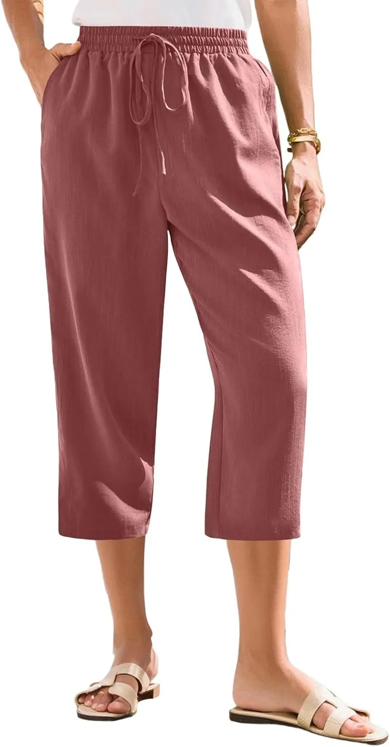 Linen Capris for Women Casual Summer Elastic Waist Wide Leg Cropped Pants Comfy Cotton Linen Capri Pants with Pockets
