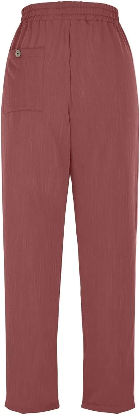 Linen Capris for Women Casual Summer Elastic Waist Wide Leg Cropped Pants Comfy Cotton Linen Capri Pants with Pockets