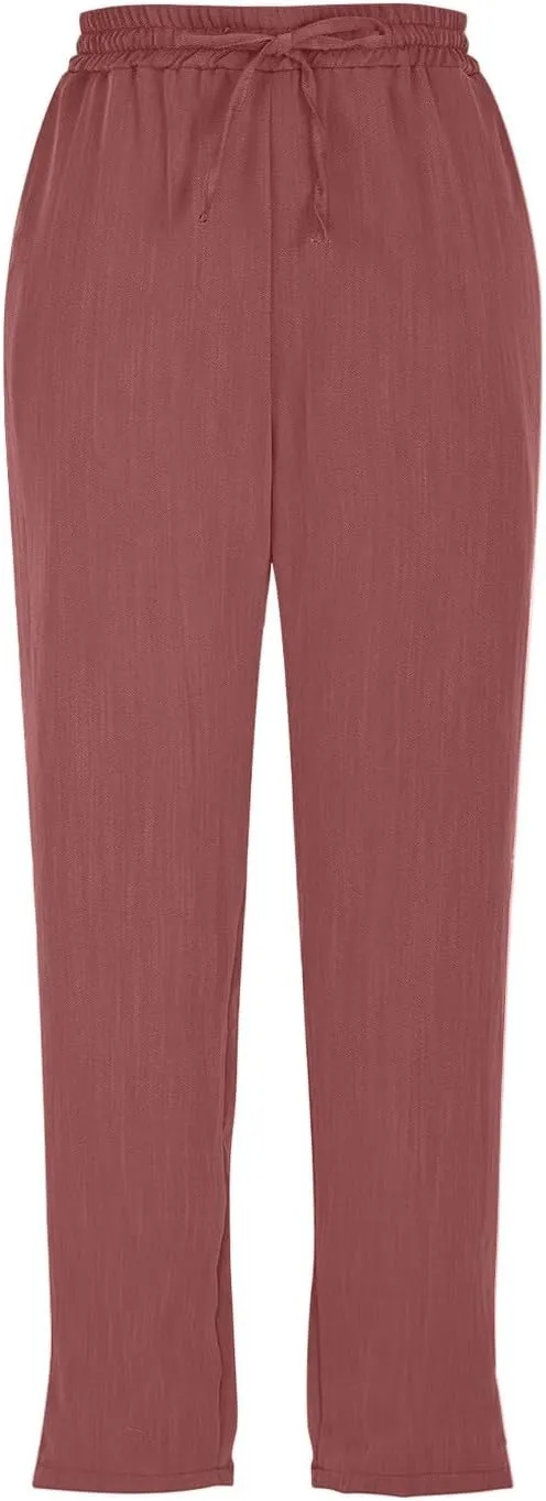 Linen Capris for Women Casual Summer Elastic Waist Wide Leg Cropped Pants Comfy Cotton Linen Capri Pants with Pockets
