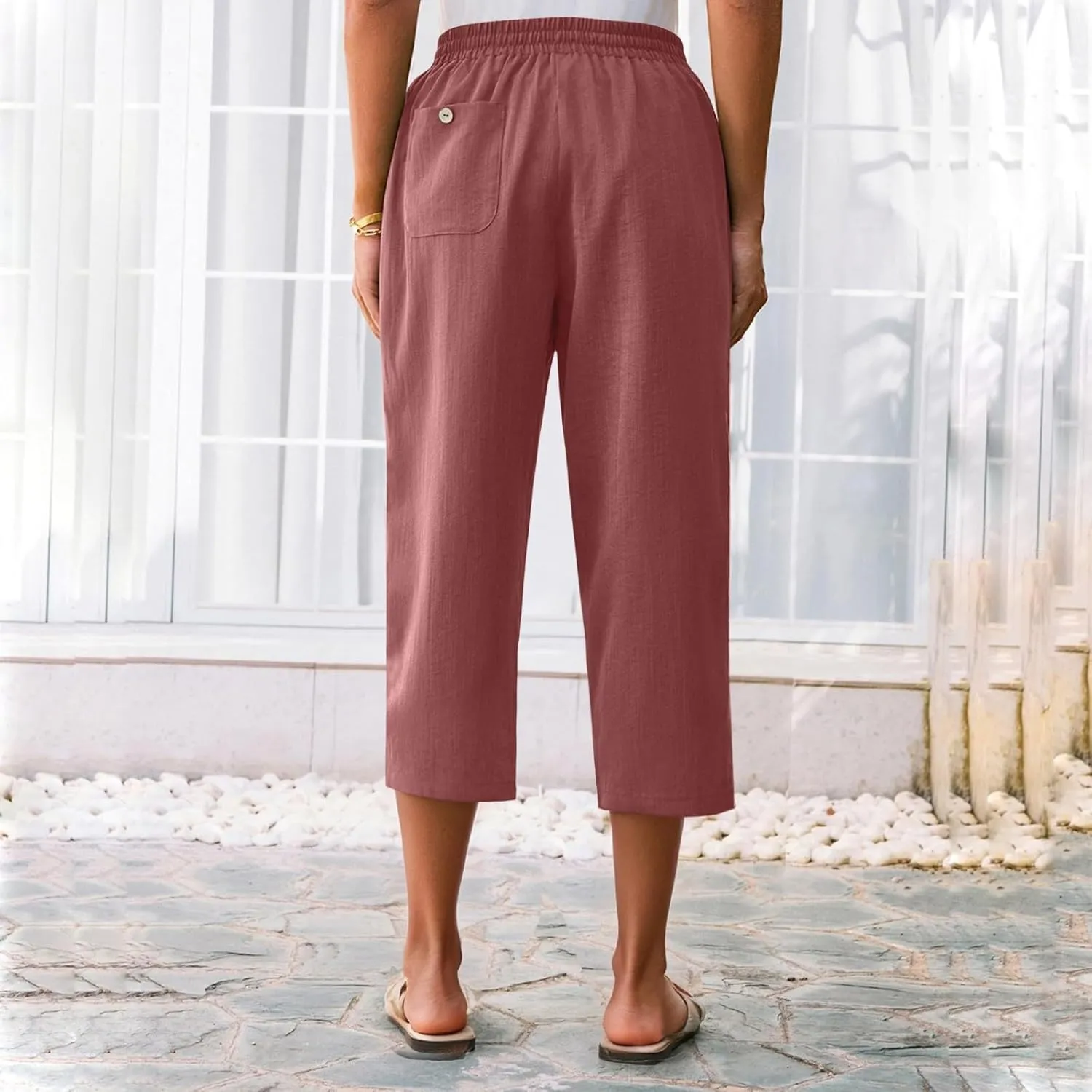 Linen Capris for Women Casual Summer Elastic Waist Wide Leg Cropped Pants Comfy Cotton Linen Capri Pants with Pockets