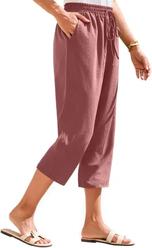 Linen Capris for Women Casual Summer Elastic Waist Wide Leg Cropped Pants Comfy Cotton Linen Capri Pants with Pockets