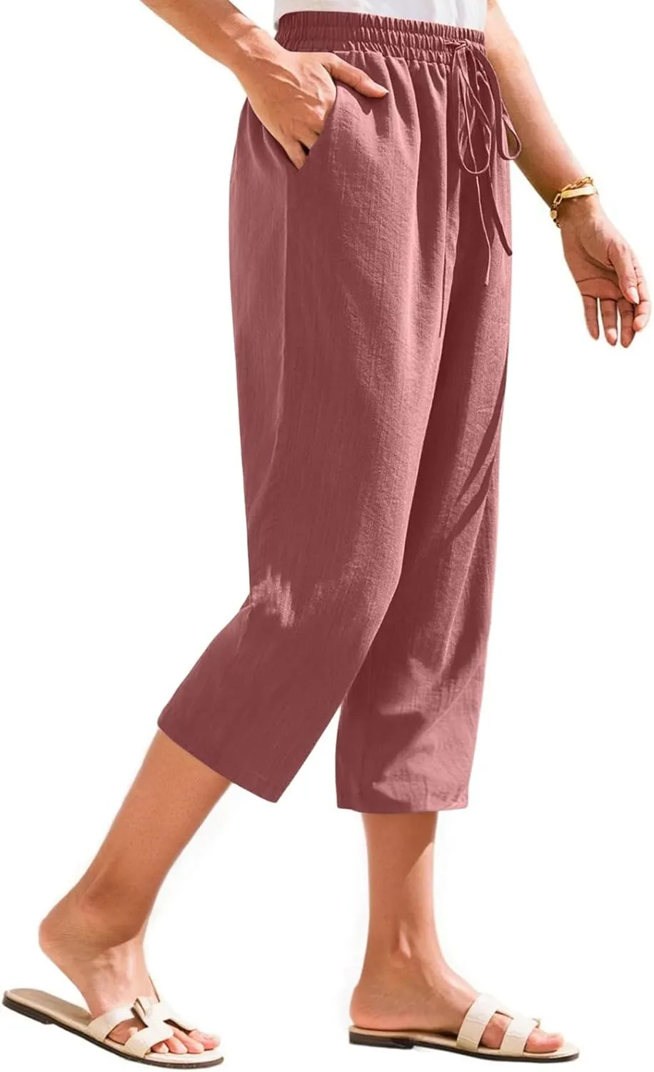 Linen Capris for Women Casual Summer Elastic Waist Wide Leg Cropped Pants Comfy Cotton Linen Capri Pants with Pockets