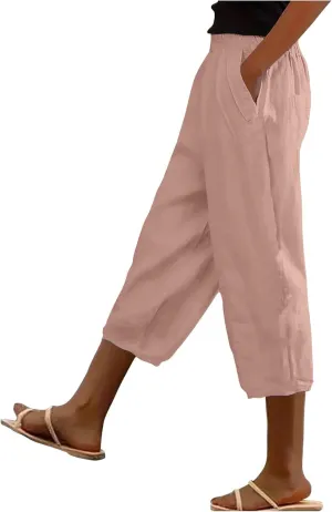 Linen Capris for Women Summer Casual Beach 3/4 Length Pants with Pockets Wide Leg Cotton Blend Comfy Cropped Trousers