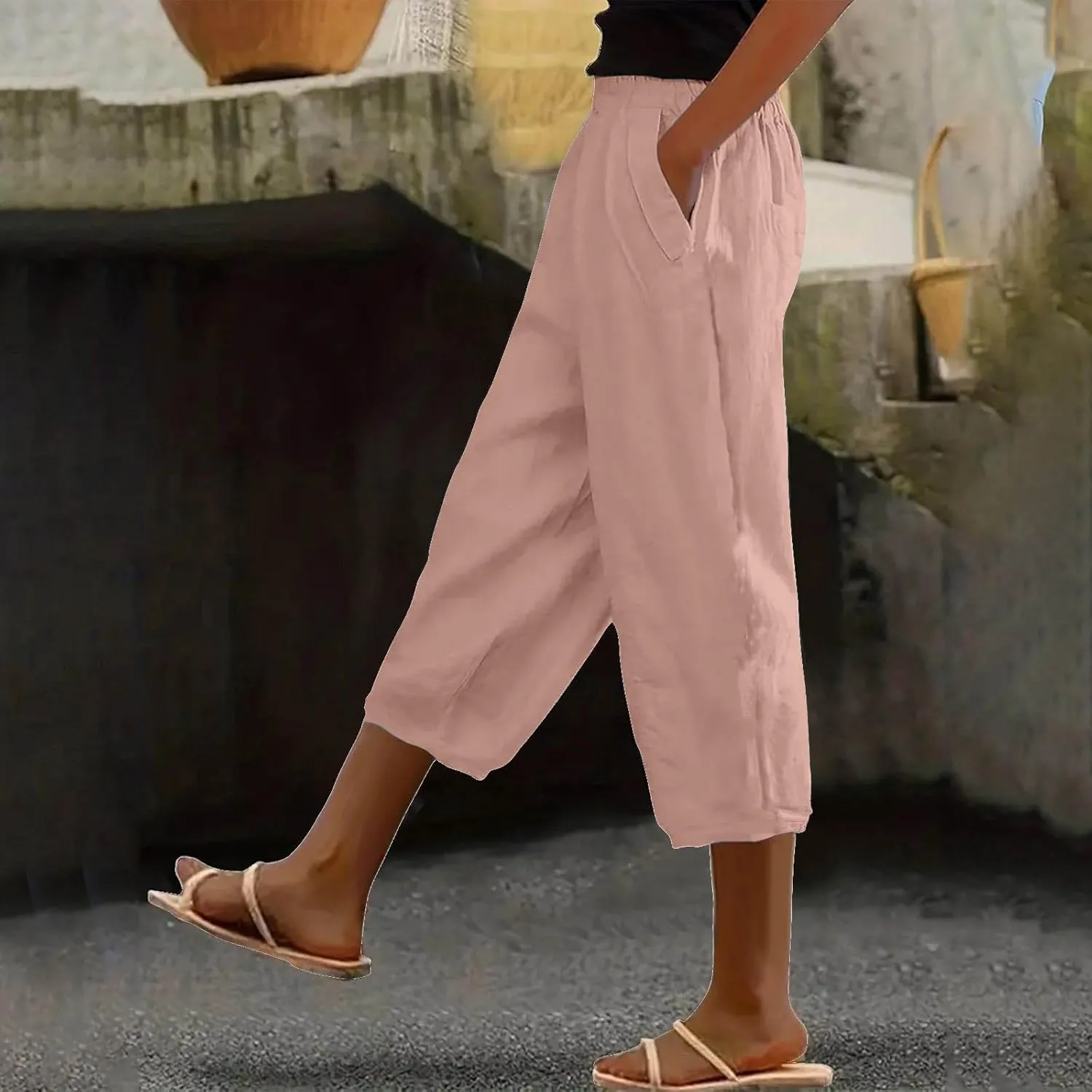 Linen Capris for Women Summer Casual Beach 3/4 Length Pants with Pockets Wide Leg Cotton Blend Comfy Cropped Trousers