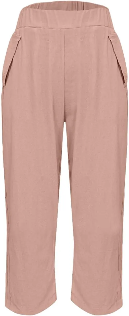 Linen Capris for Women Summer Casual Beach 3/4 Length Pants with Pockets Wide Leg Cotton Blend Comfy Cropped Trousers