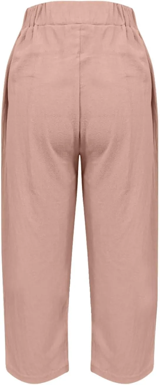 Linen Capris for Women Summer Casual Beach 3/4 Length Pants with Pockets Wide Leg Cotton Blend Comfy Cropped Trousers