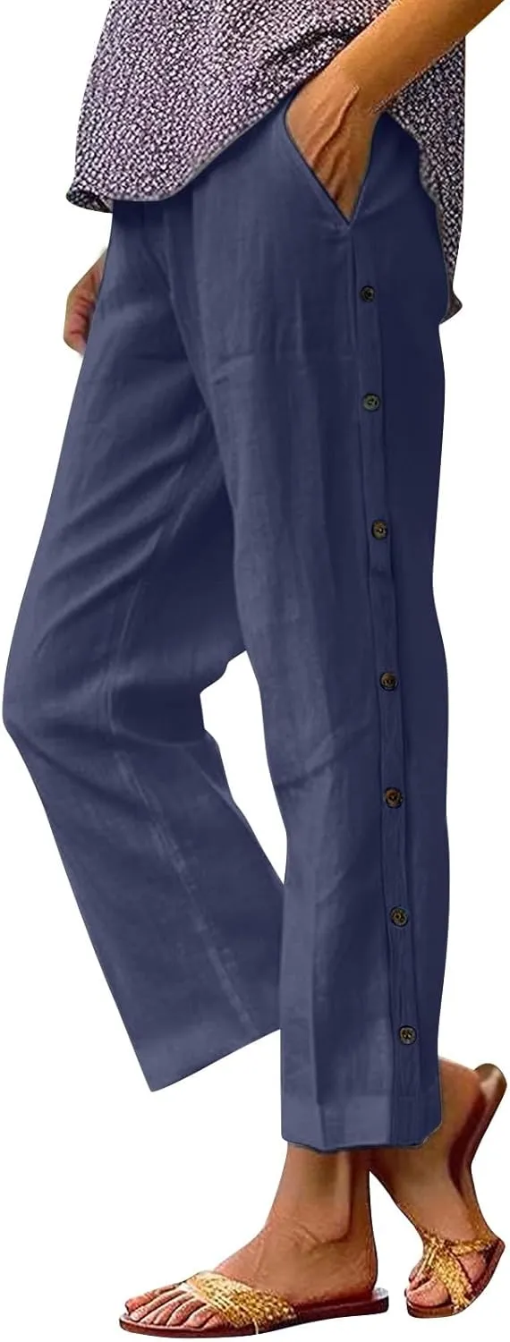 Linen Pants for Women 2025 Trendy High Waisted Wide Leg Trousers Striped Side Button Elastic Waist Summer Gauze Pants
