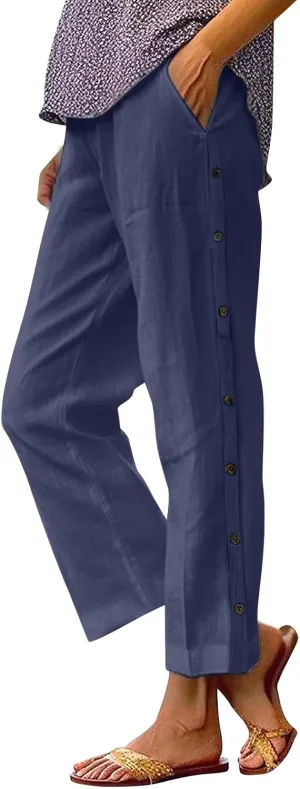 Linen Pants for Women 2025 Trendy High Waisted Wide Leg Trousers Striped Side Button Elastic Waist Summer Gauze Pants