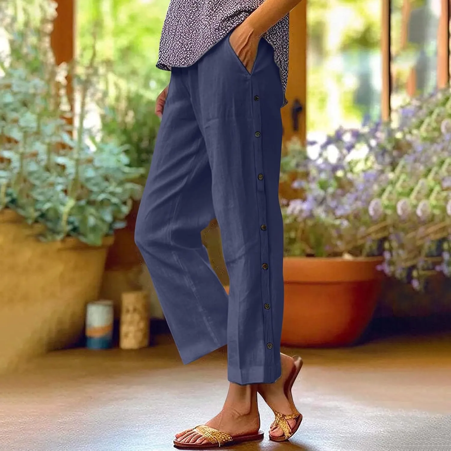 Linen Pants for Women 2025 Trendy High Waisted Wide Leg Trousers Striped Side Button Elastic Waist Summer Gauze Pants