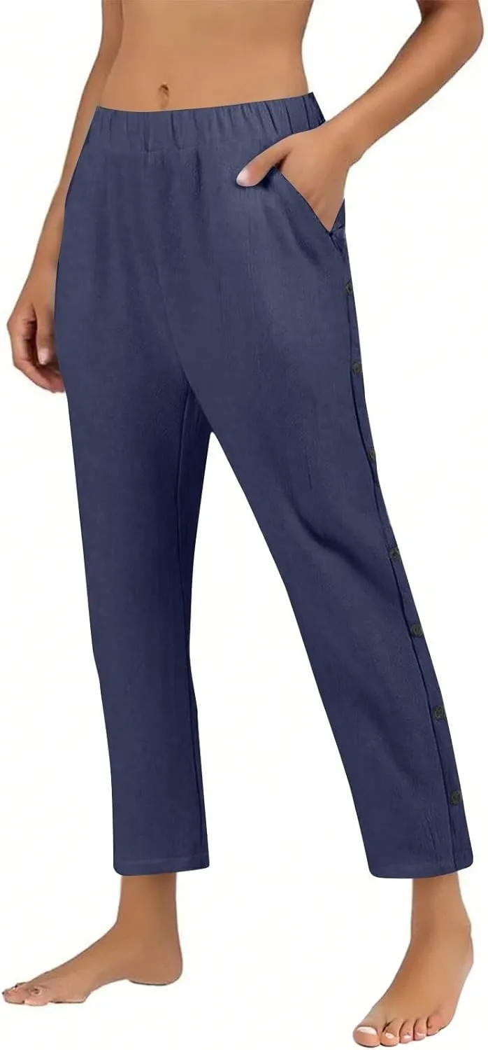 Linen Pants for Women 2025 Trendy High Waisted Wide Leg Trousers Striped Side Button Elastic Waist Summer Gauze Pants