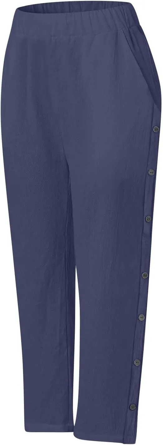 Linen Pants for Women 2025 Trendy High Waisted Wide Leg Trousers Striped Side Button Elastic Waist Summer Gauze Pants