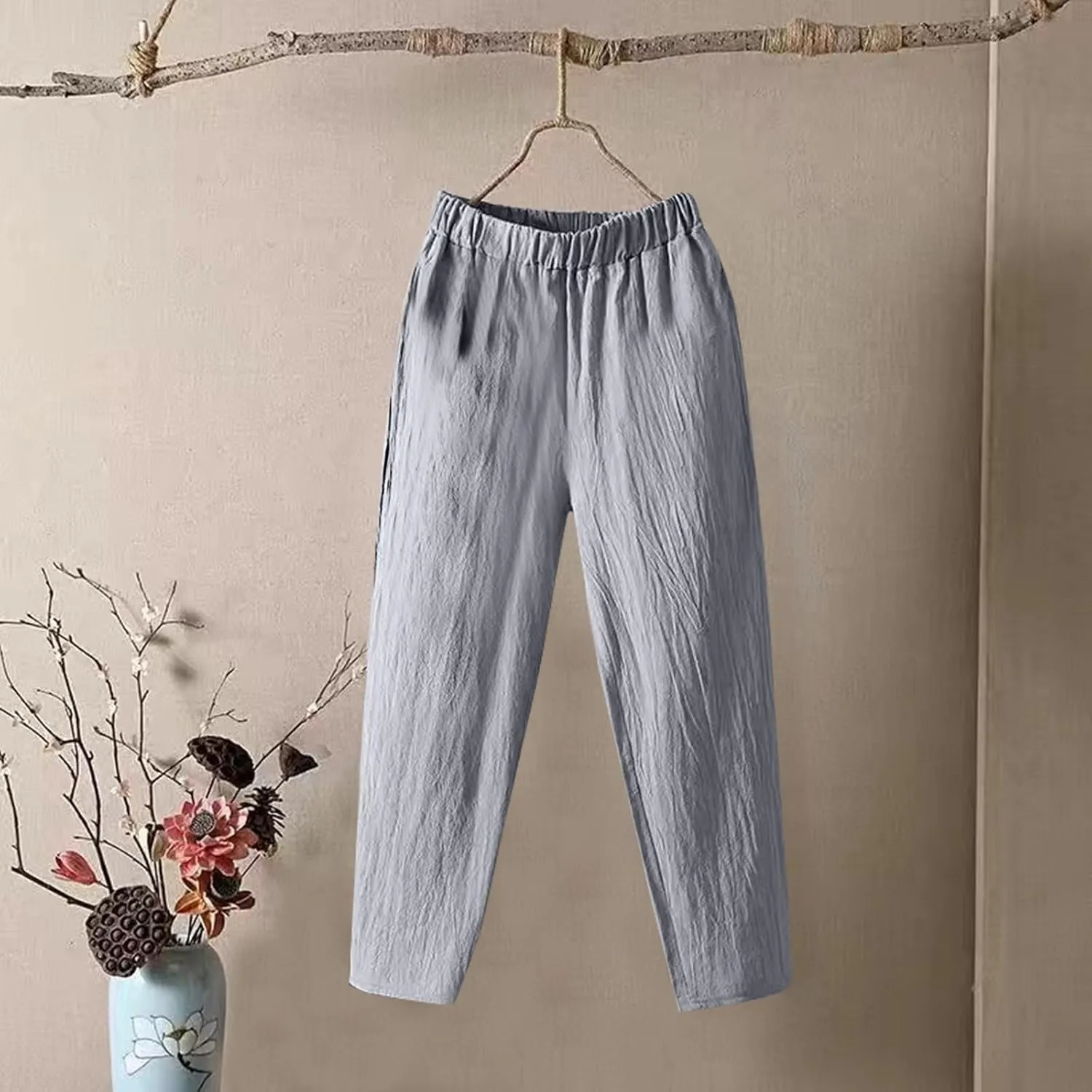 Linen Pants for Women, Pants Women Peasant Linen Casual Straight Leg Plaid