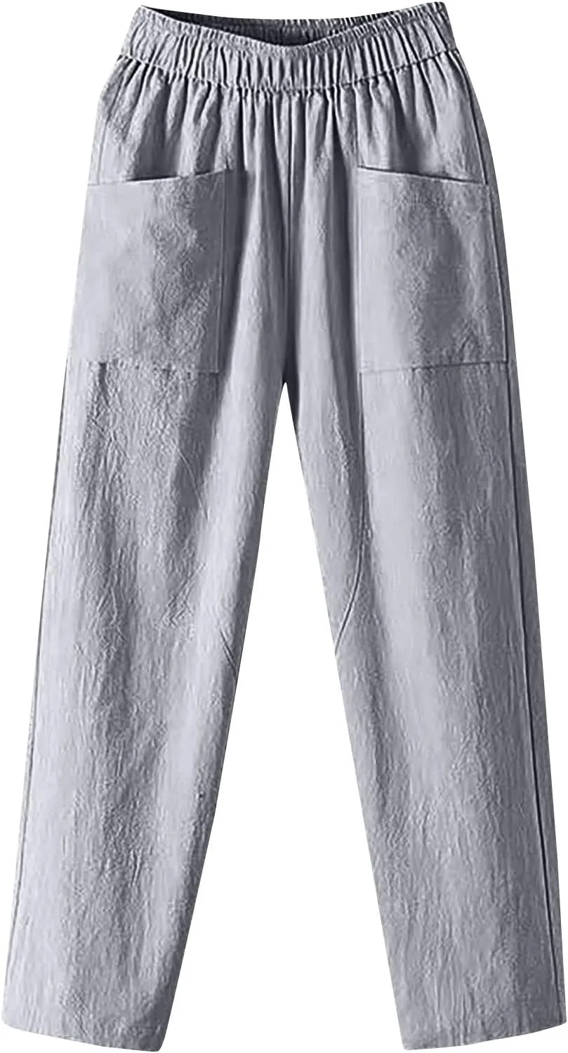 Linen Pants for Women, Pants Women Peasant Linen Casual Straight Leg Plaid