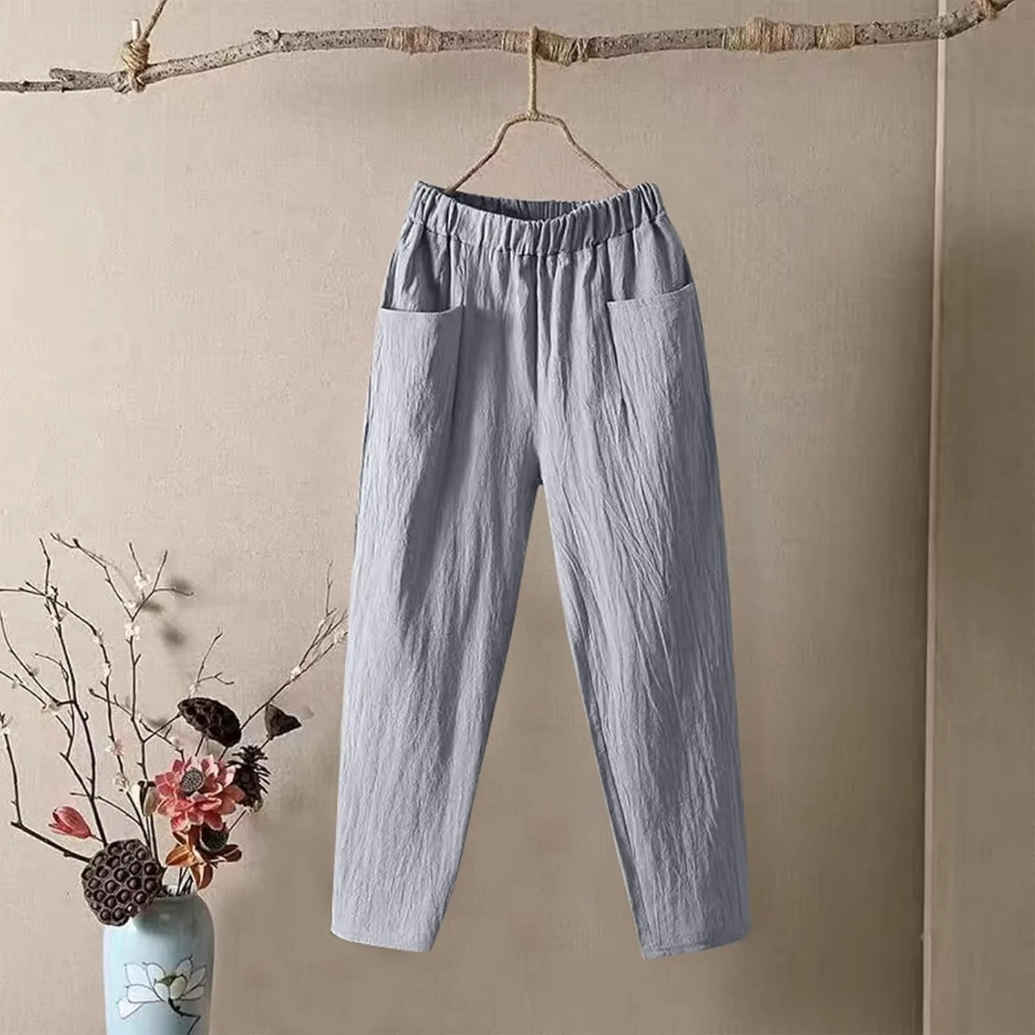 Linen Pants for Women, Pants Women Peasant Linen Casual Straight Leg Plaid