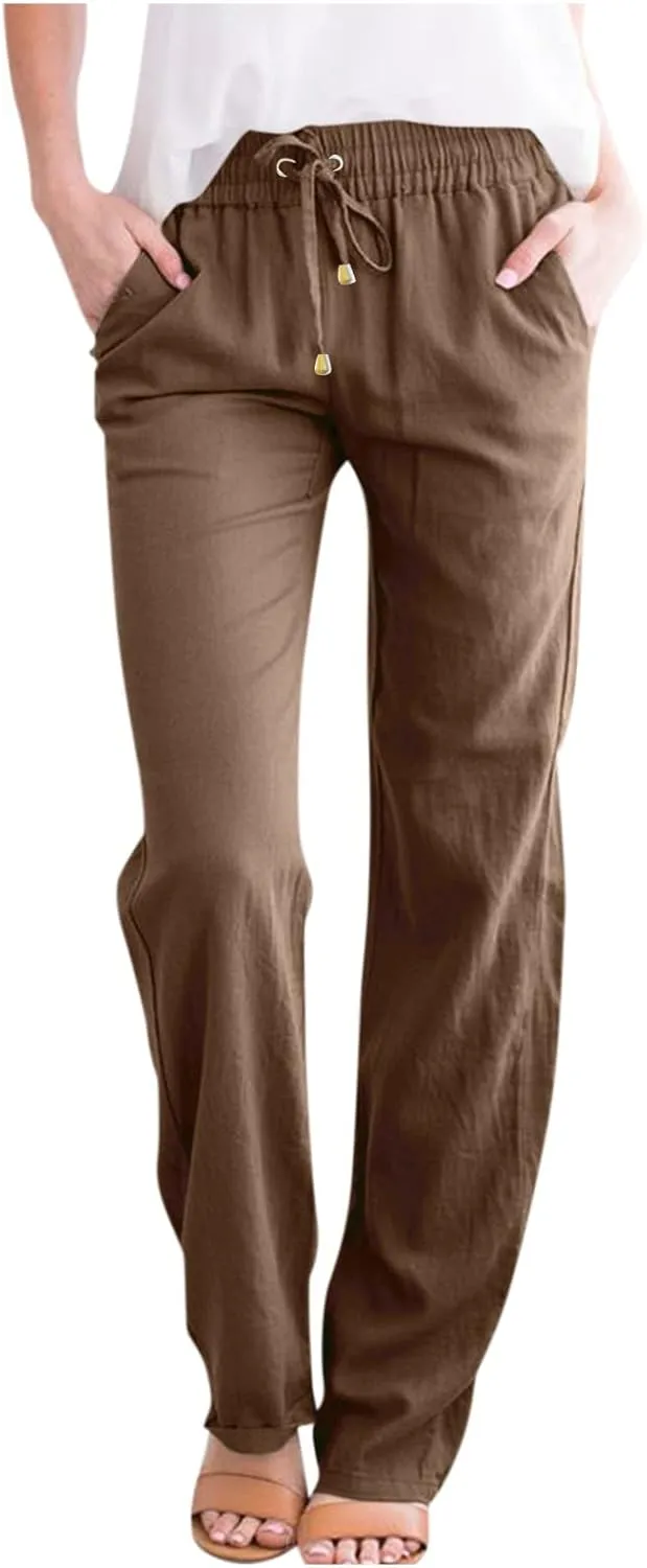 Linen Pants Women 2025 Summer Drawstring Pants Casual Loose Wide Leg Lounge Pants for Beach Travel Vacation