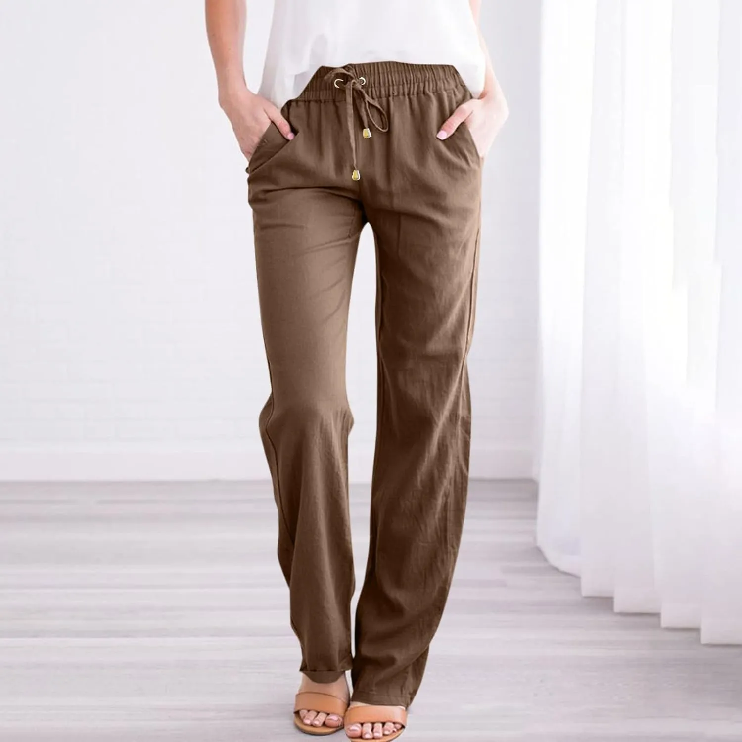 Linen Pants Women 2025 Summer Drawstring Pants Casual Loose Wide Leg Lounge Pants for Beach Travel Vacation