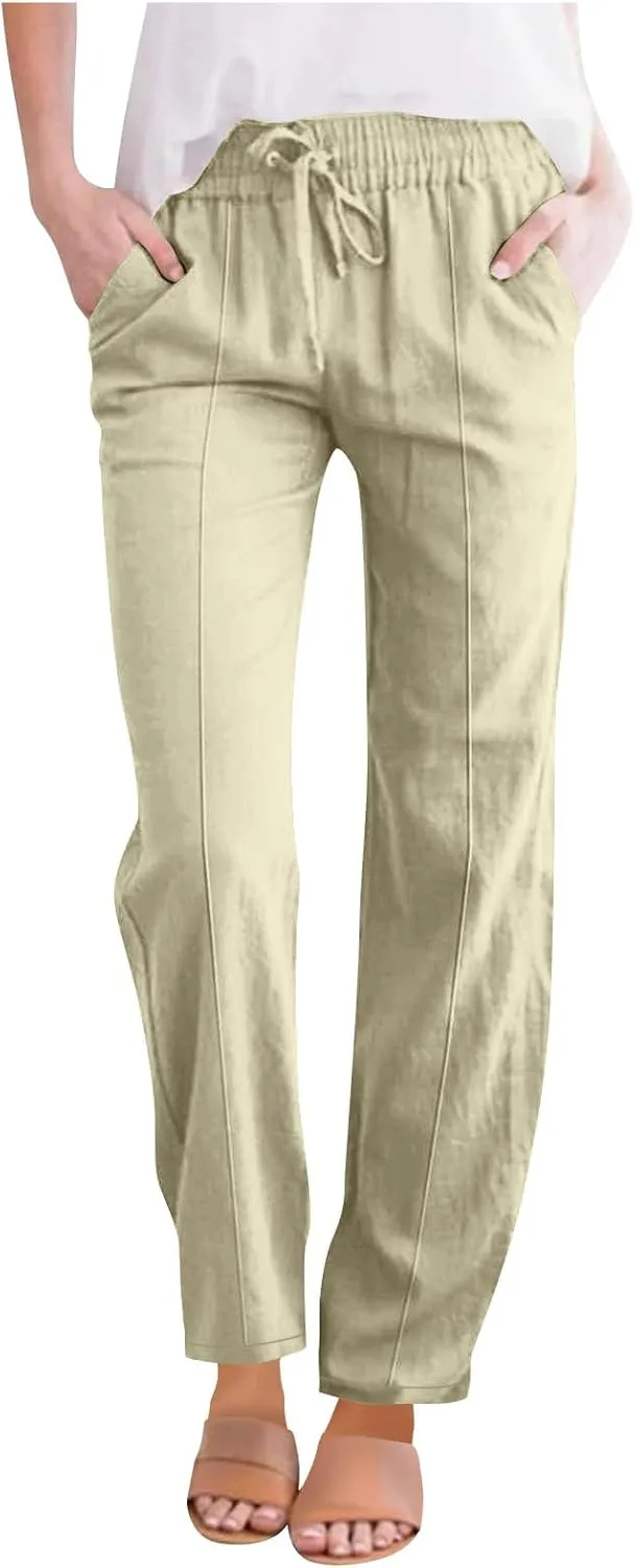 Linen Pants Women 2025 Summer Elastic Waist Straight Leg Trousers Loose Fit Flowy Casual Beach Palazzo with Pocket