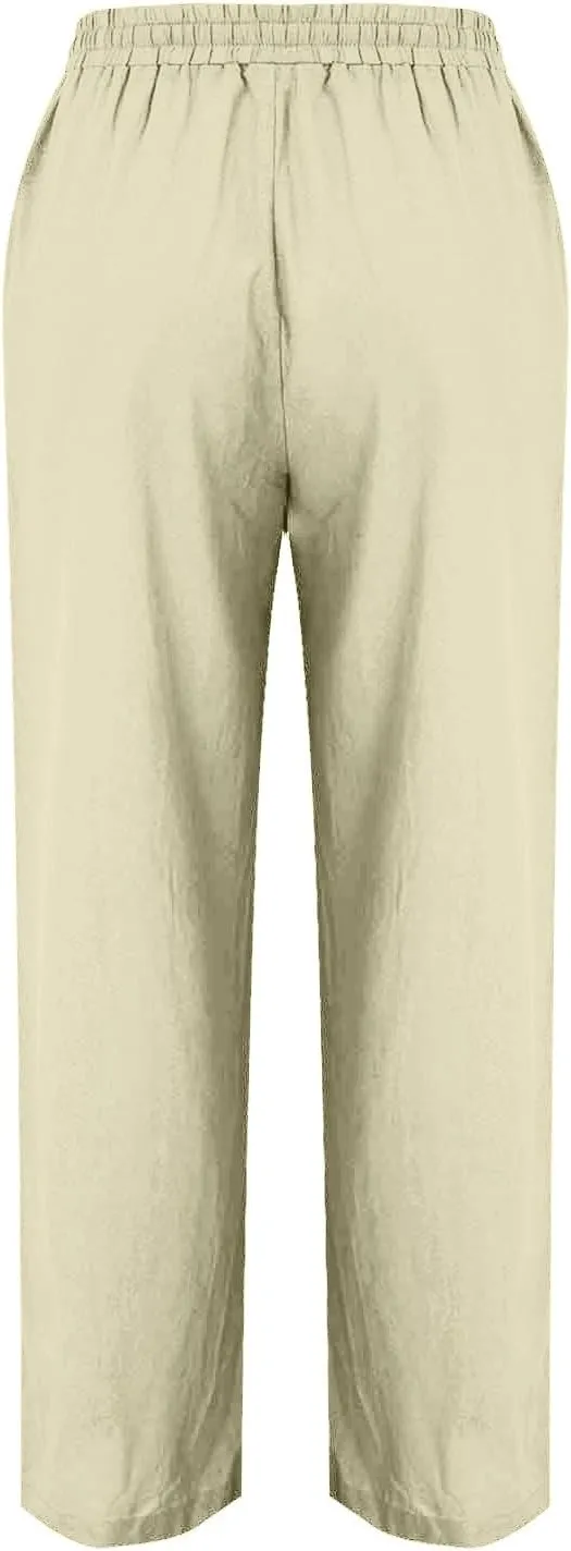 Linen Pants Women 2025 Summer Elastic Waist Straight Leg Trousers Loose Fit Flowy Casual Beach Palazzo with Pocket