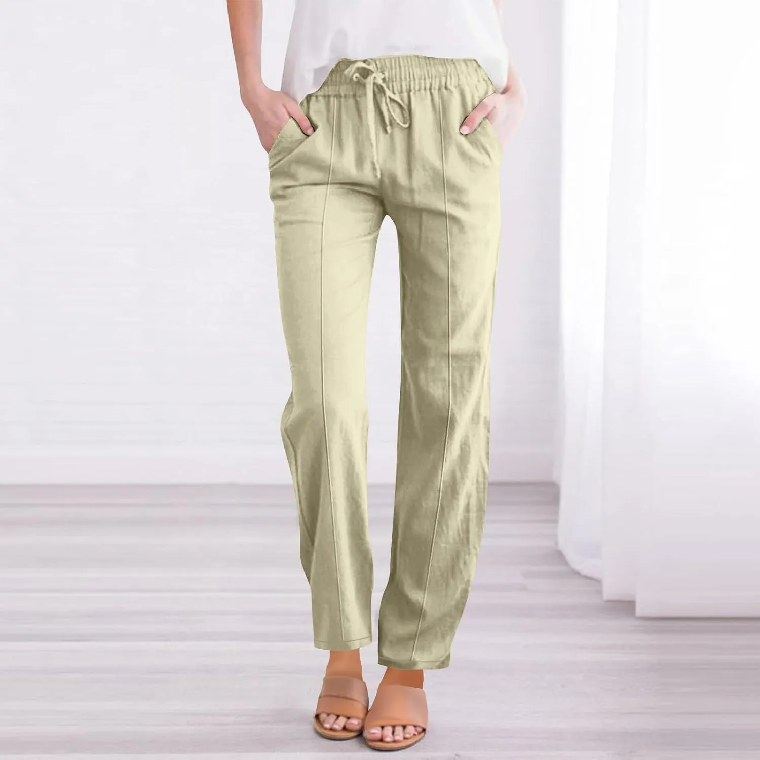 Linen Pants Women 2025 Summer Elastic Waist Straight Leg Trousers Loose Fit Flowy Casual Beach Palazzo with Pocket