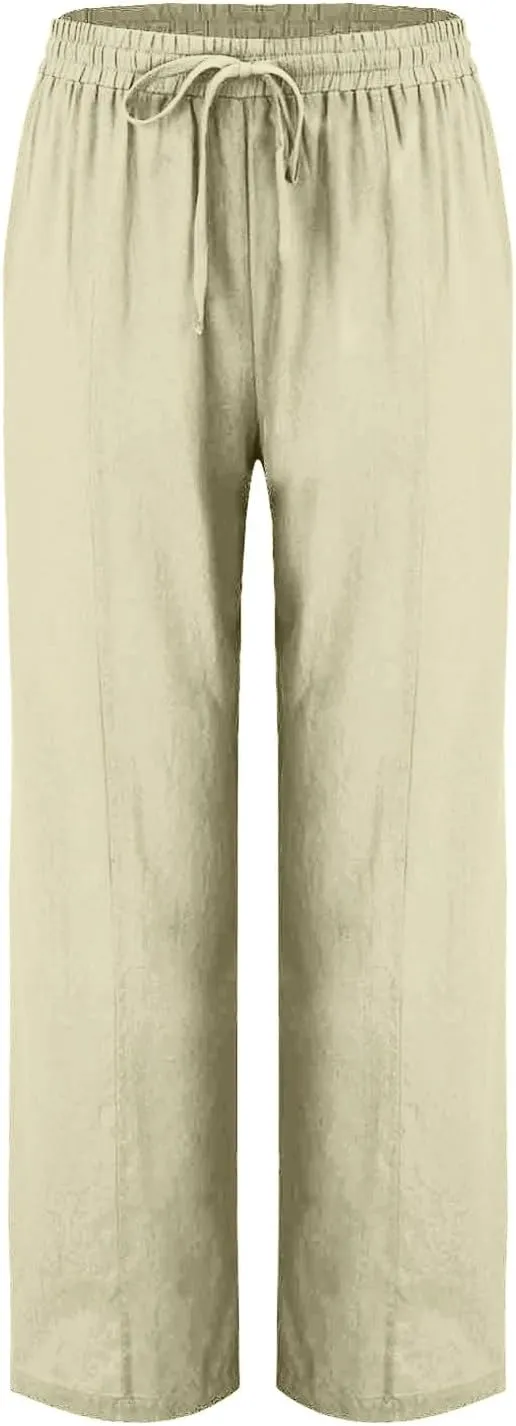 Linen Pants Women 2025 Summer Elastic Waist Straight Leg Trousers Loose Fit Flowy Casual Beach Palazzo with Pocket