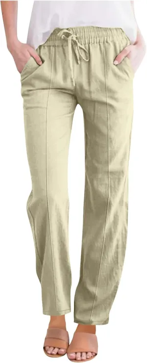 Linen Pants Women 2025 Summer Elastic Waist Straight Leg Trousers Loose Fit Flowy Casual Beach Palazzo with Pocket