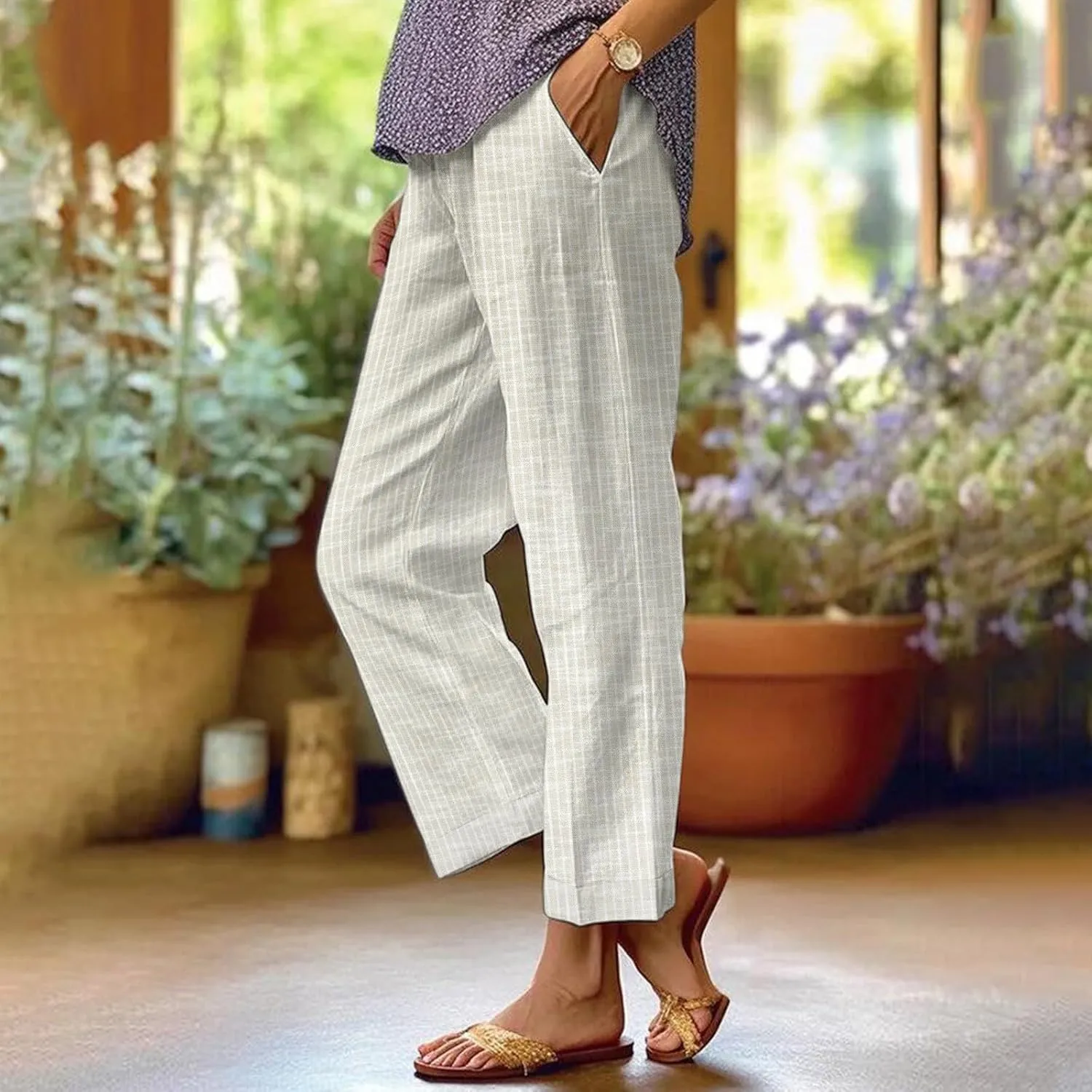 Linen Pants Women Floral Striped Print Elastic Waist Capri Petite Short Capri Summer Casual Dressy Beach Trousers