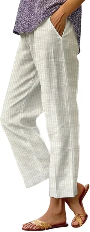 Linen Pants Women Floral Striped Print Elastic Waist Capri Petite Short Capri Summer Casual Dressy Beach Trousers