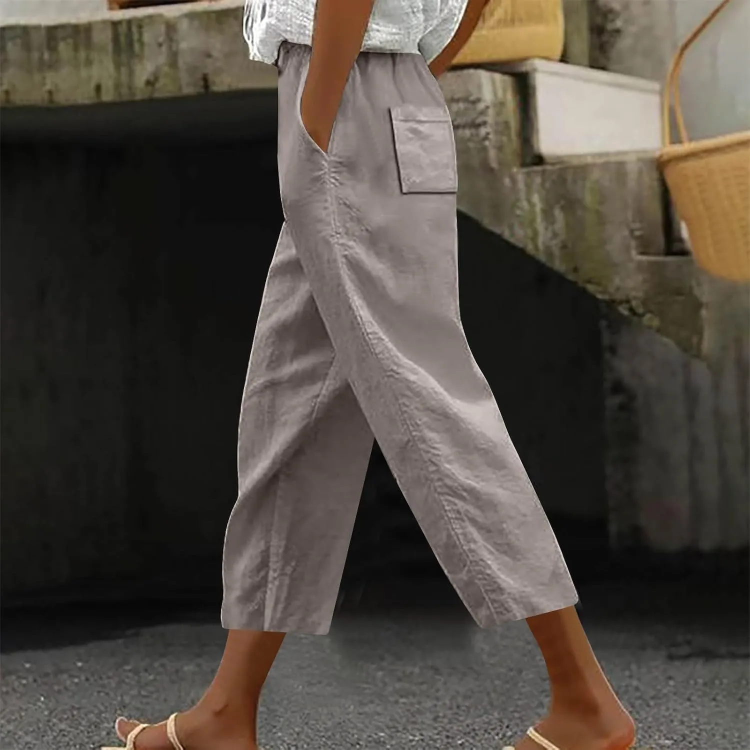 Linen Pants Women High Waisted Straight Leg Cropped Capri Pants Summer Lounge Work Pants Beach Pants Trousers 2025