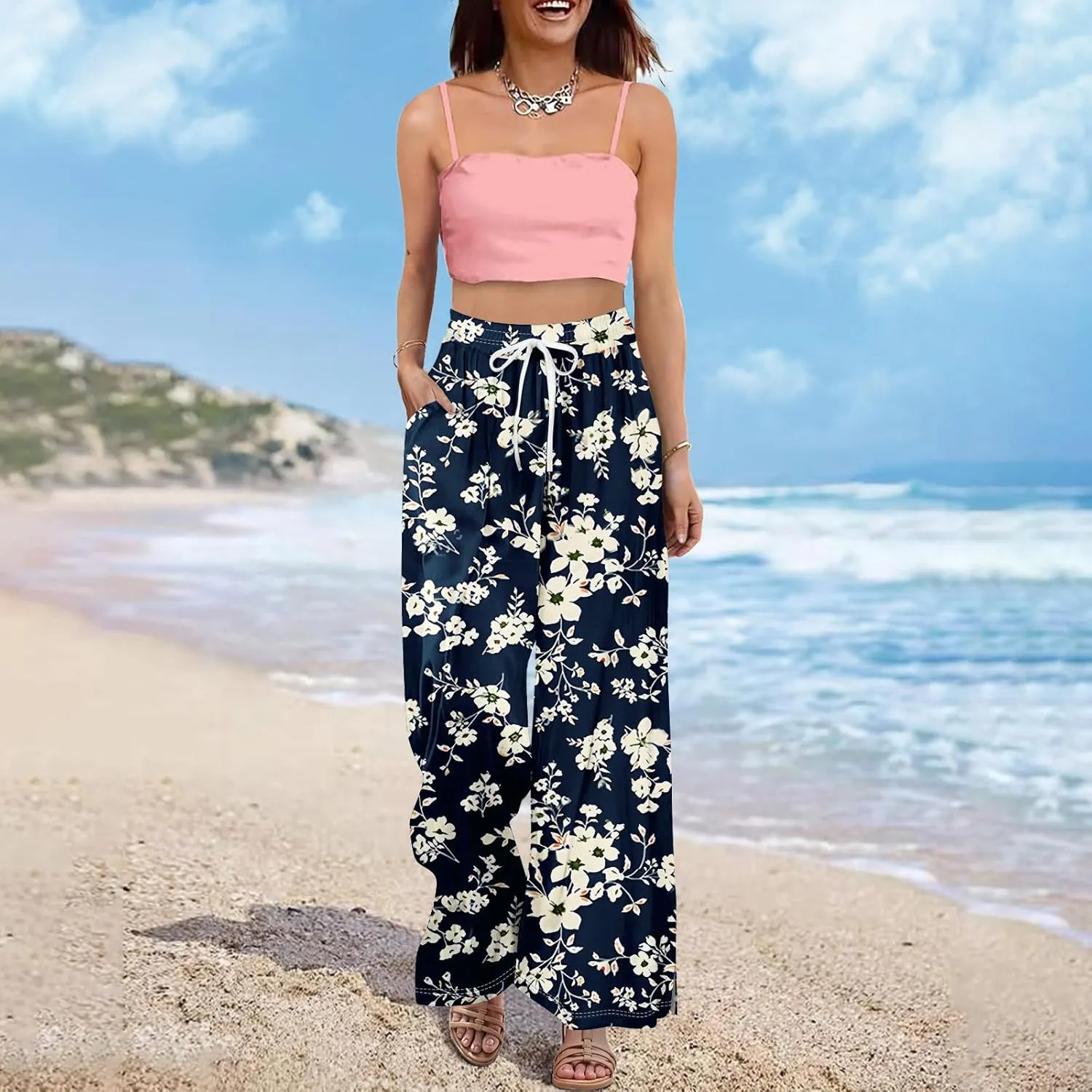 Linen Pants Women High Waisted Wide Leg Pants Drawstring Palazzo Lounge Pant Summer Beach Vacation Trousers