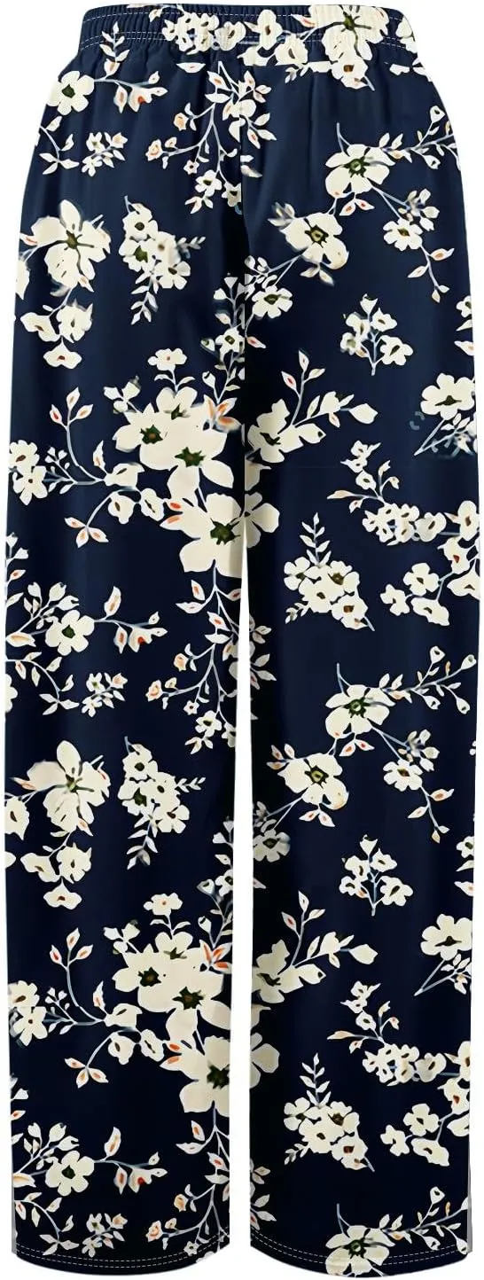 Linen Pants Women High Waisted Wide Leg Pants Drawstring Palazzo Lounge Pant Summer Beach Vacation Trousers