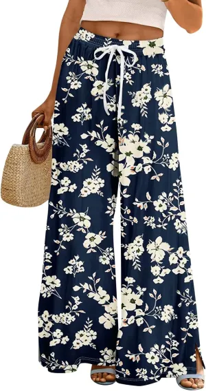 Linen Pants Women High Waisted Wide Leg Pants Drawstring Palazzo Lounge Pant Summer Beach Vacation Trousers