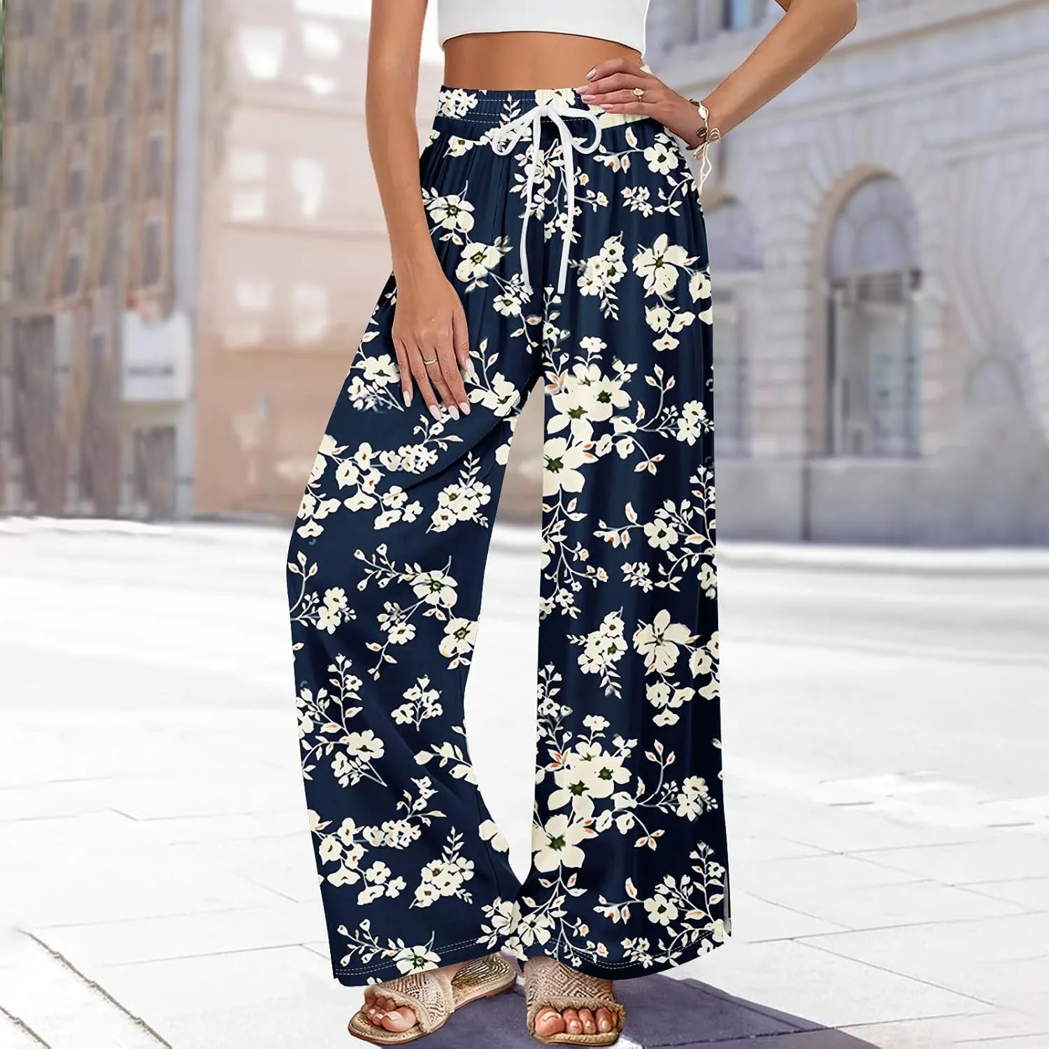 Linen Pants Women High Waisted Wide Leg Pants Drawstring Palazzo Lounge Pant Summer Beach Vacation Trousers