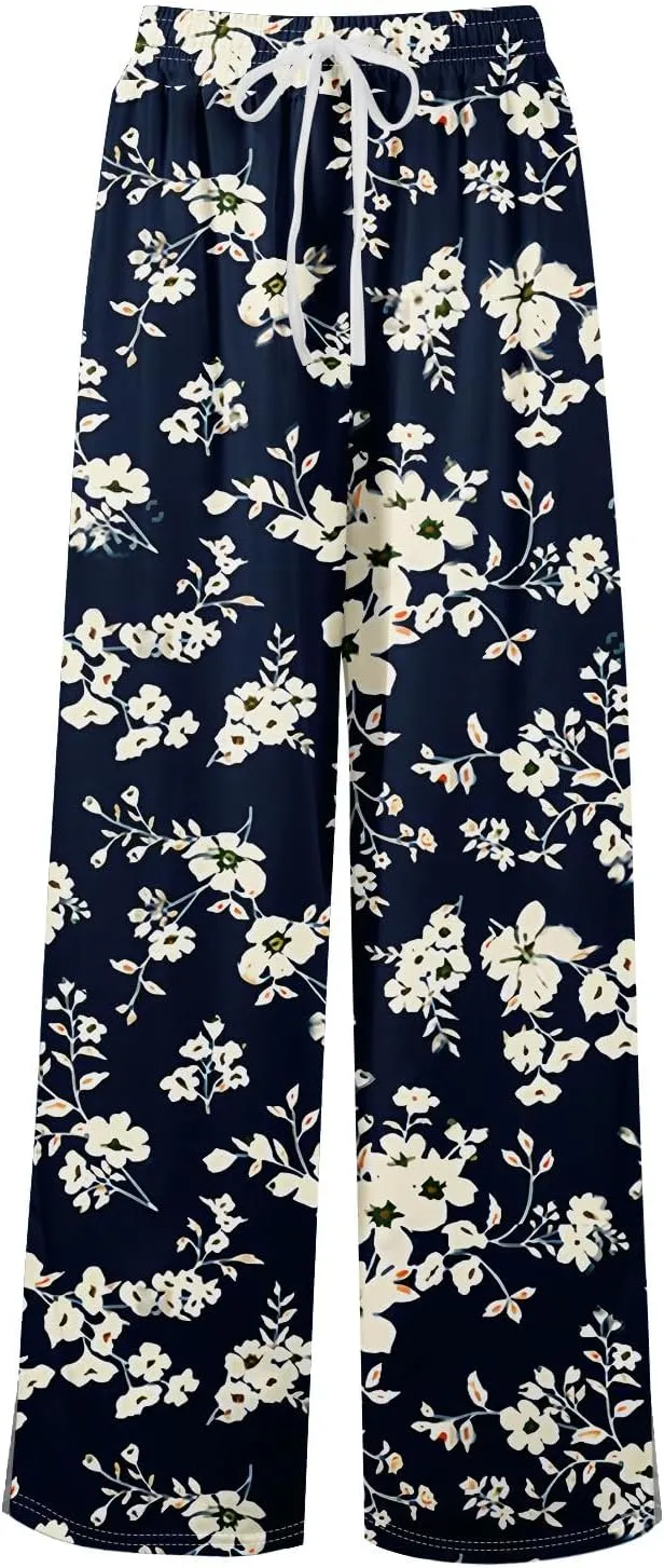 Linen Pants Women High Waisted Wide Leg Pants Drawstring Palazzo Lounge Pant Summer Beach Vacation Trousers