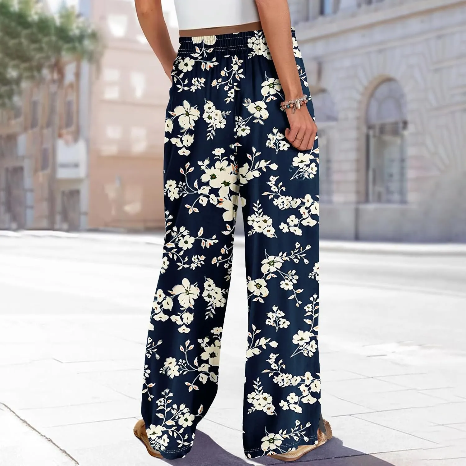 Linen Pants Women High Waisted Wide Leg Pants Drawstring Palazzo Lounge Pant Summer Beach Vacation Trousers