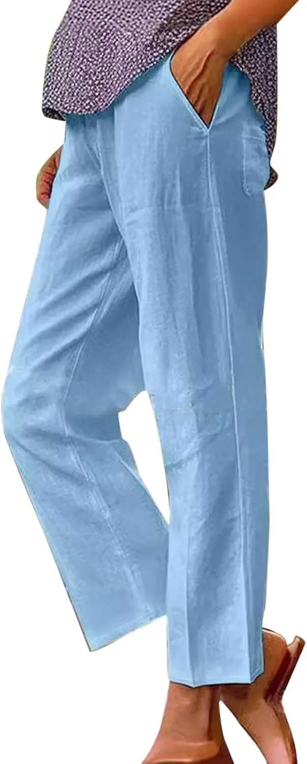 Linen Pants Women Petite Straight Leg Dressy Casual Summer Capris Lounge Trousers Cropped Beach Pants with Pockets
