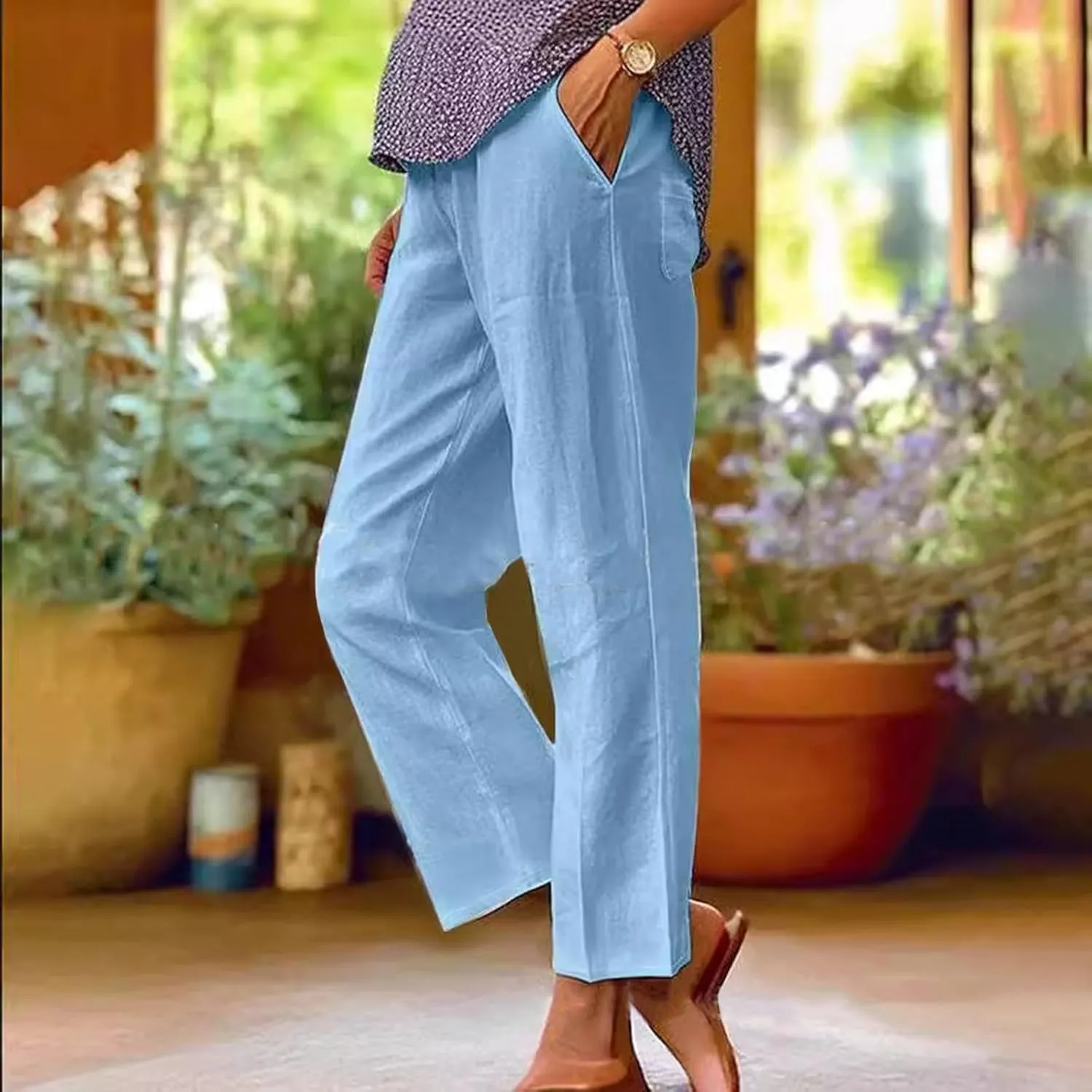 Linen Pants Women Petite Straight Leg Dressy Casual Summer Capris Lounge Trousers Cropped Beach Pants with Pockets