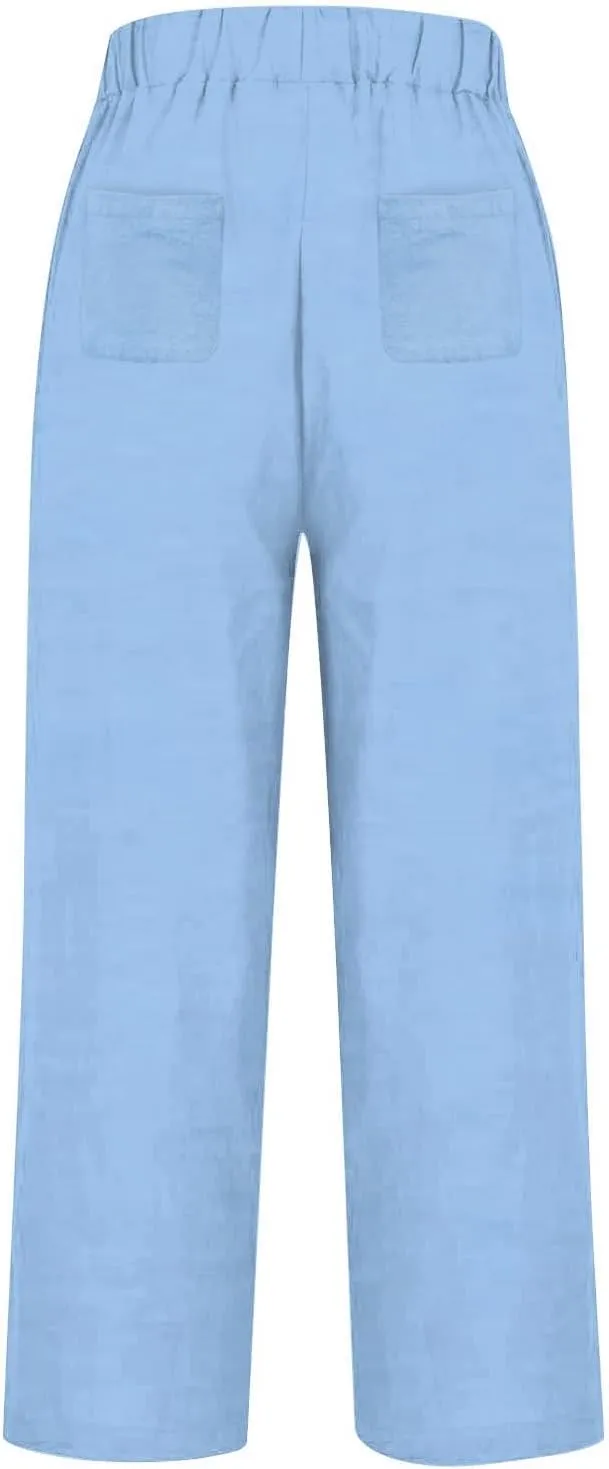 Linen Pants Women Petite Straight Leg Dressy Casual Summer Capris Lounge Trousers Cropped Beach Pants with Pockets