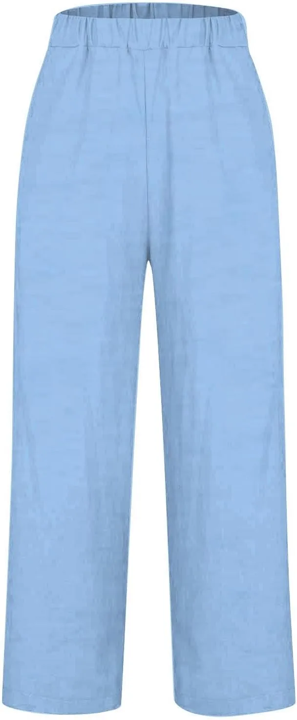 Linen Pants Women Petite Straight Leg Dressy Casual Summer Capris Lounge Trousers Cropped Beach Pants with Pockets