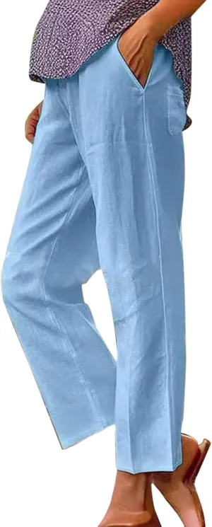 Linen Pants Women Petite Straight Leg Dressy Casual Summer Capris Lounge Trousers Cropped Beach Pants with Pockets