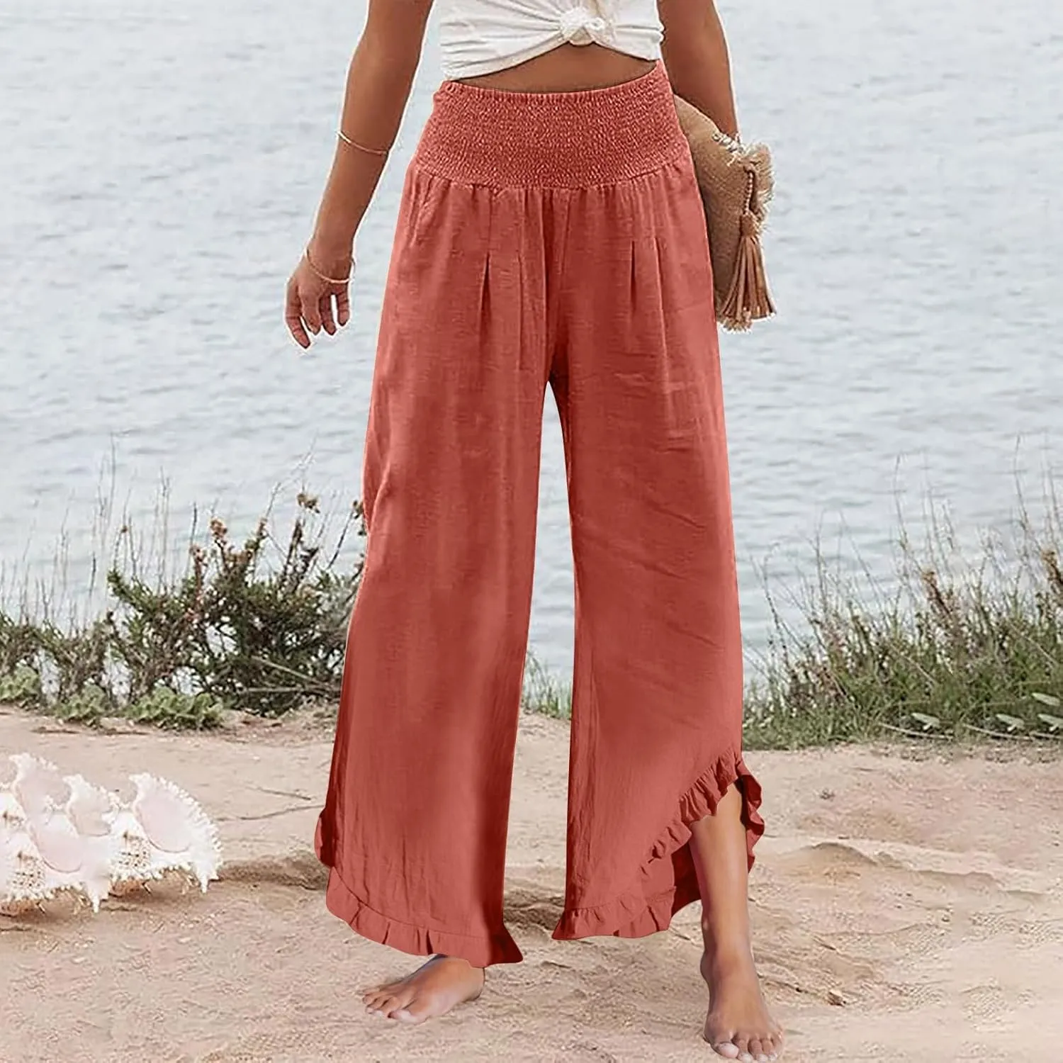 Linen Pants Women Smocked Elastic Waist High Waisted Ruffle Summer Pants with Pockets Casual Flowy Wide Leg Trousers