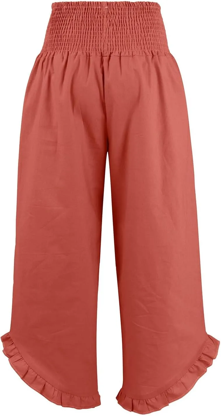 Linen Pants Women Smocked Elastic Waist High Waisted Ruffle Summer Pants with Pockets Casual Flowy Wide Leg Trousers