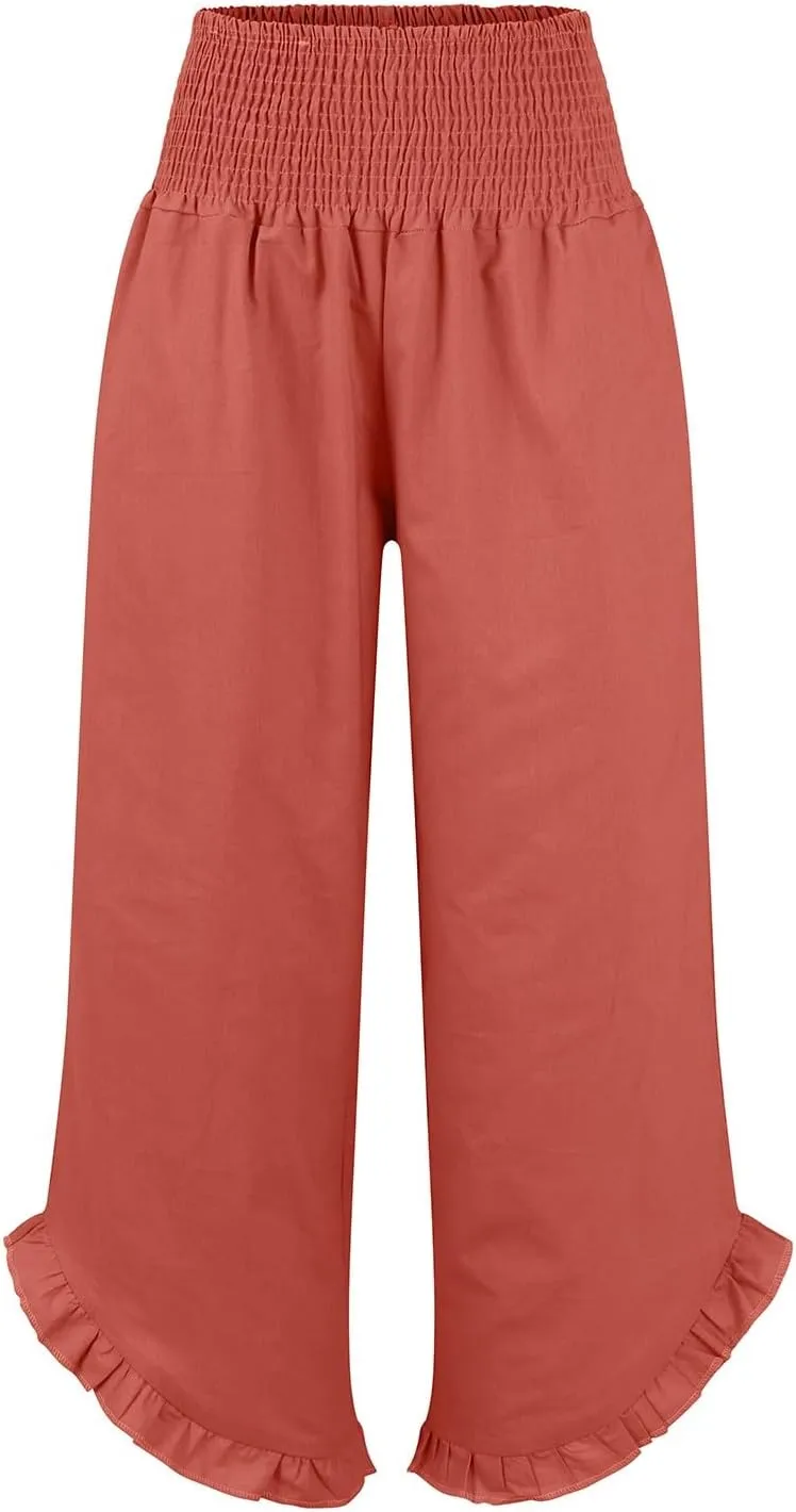 Linen Pants Women Smocked Elastic Waist High Waisted Ruffle Summer Pants with Pockets Casual Flowy Wide Leg Trousers
