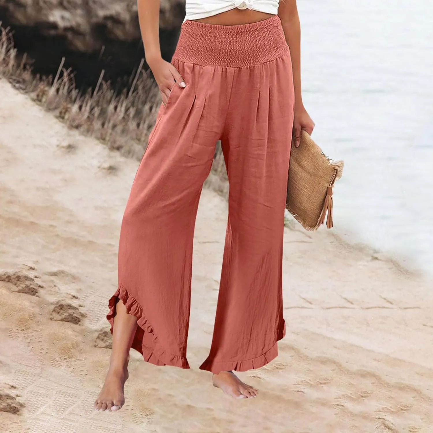 Linen Pants Women Smocked Elastic Waist High Waisted Ruffle Summer Pants with Pockets Casual Flowy Wide Leg Trousers