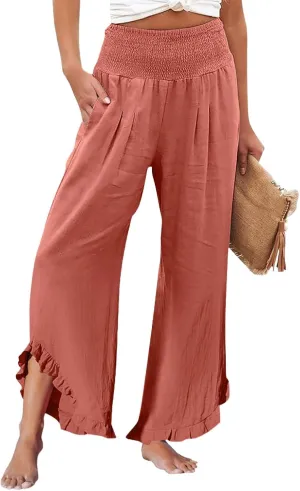 Linen Pants Women Smocked Elastic Waist High Waisted Ruffle Summer Pants with Pockets Casual Flowy Wide Leg Trousers